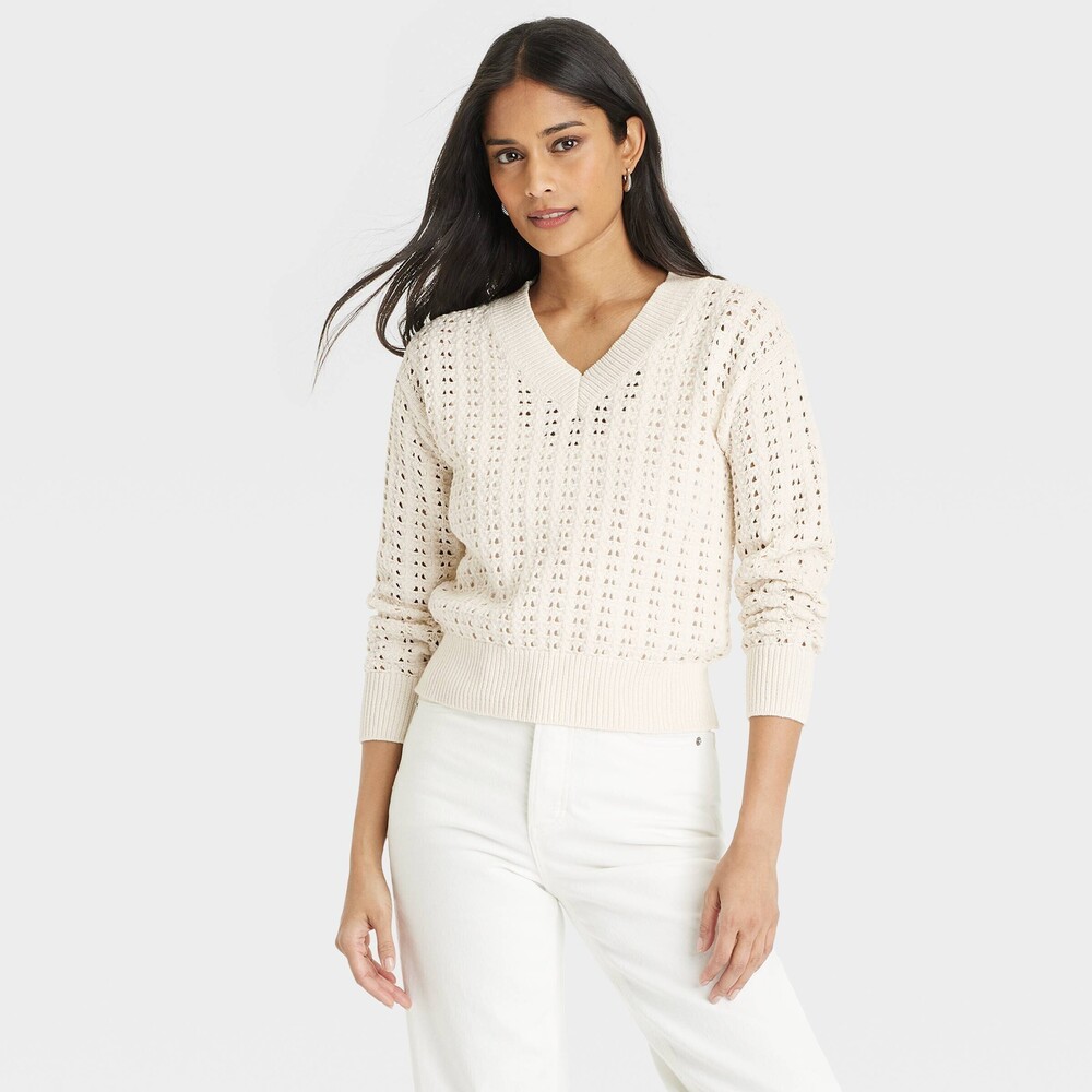 Openwork V-Neck Pullover Sweater - Cream XL